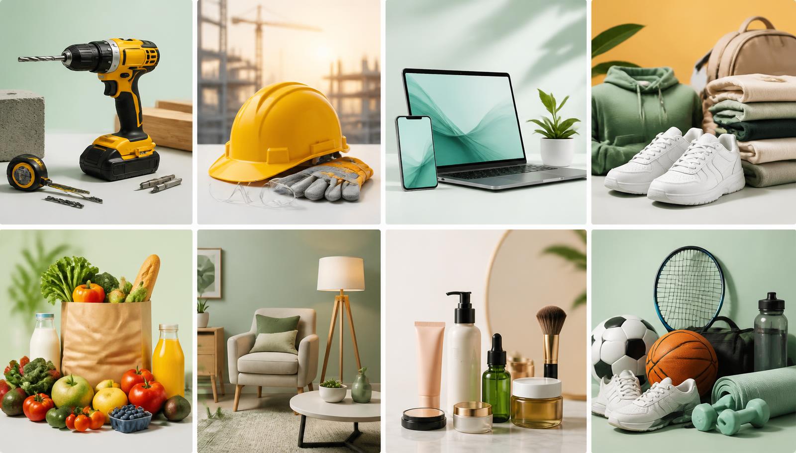 Productos de construcción, herramientas, tecnología, comida, hogar, ropa y deportes